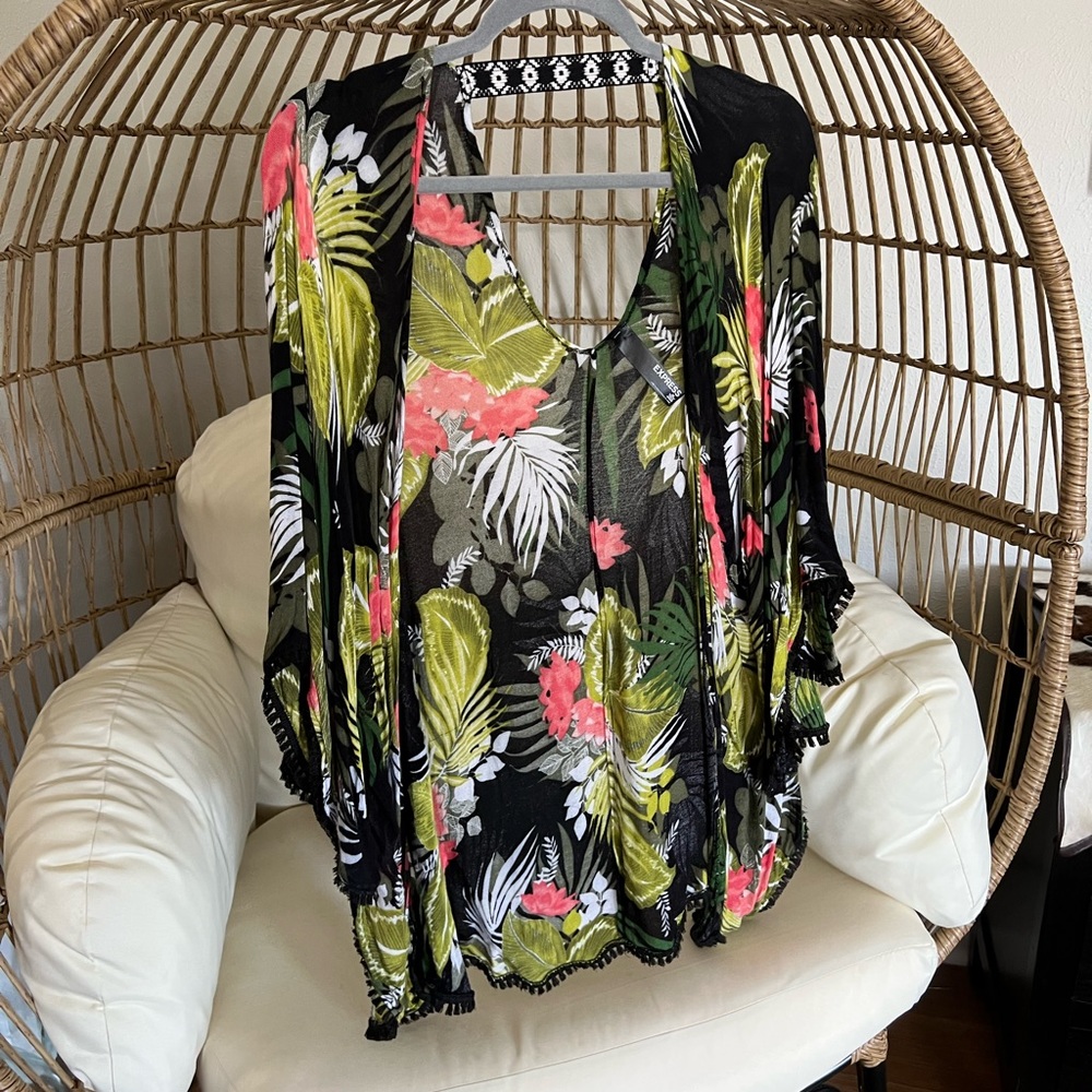 EXPRESS kimono with tassel & woven details O/S